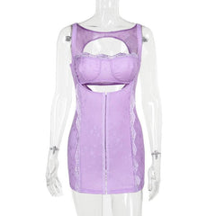 Square neck lace backless hollow out button solid cami cut out mini dress | Festival Outfits Women