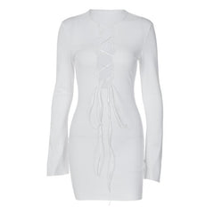 Lace up solid long sleeve ribbed self tie mini dress | Festival Outfits Women