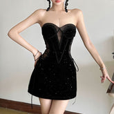 Sweetheart neck velvet lace up mesh beaded mini dress | Festival Outfits Women