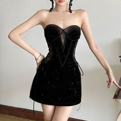 Sweetheart neck velvet lace up mesh beaded mini dress | Festival Outfits Women