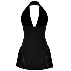 Halter deep V neck button pleated backless mini dress | Festival Outfits Women