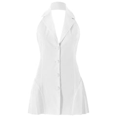 Halter deep V neck button pleated backless mini dress | Festival Outfits Women