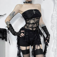 Lace cross applique irregular tube mini dress | Festival Outfits Women