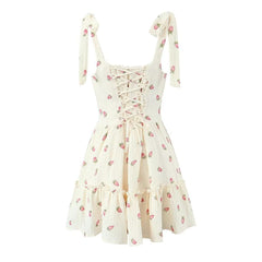 Square neck strawberry print lace up cami mini dress | Festival Outfits Women