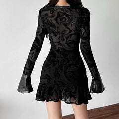 Long sleeve v neck self tie ripple button mini dress | Festival Outfits Women