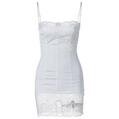Lace patchwork stitch zip-up backless cami mini dress | Festival Outfits Women