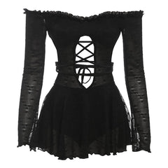 Off shoulder long sleeve hollow out self tie cut out mini dress | Festival Outfits Women