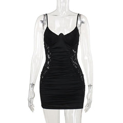 V neck lace ruched backless cami mini dress | Festival Outfits Women