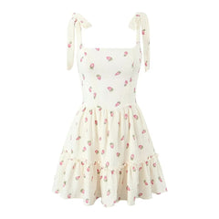 Square neck strawberry print lace up cami mini dress | Festival Outfits Women