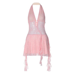 Halter v neck backless lace self tie hollow out cut out mini dress