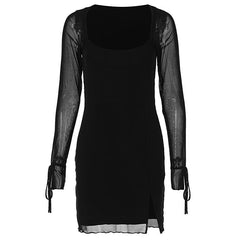 Long sleeve slit mesh square neck mini dress | Festival Outfits Women