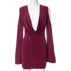 Long flared sleeve off shoulder cowl neck ruched solid mini dress | Festival Outfits Women