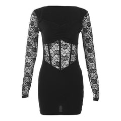 Lace patchwork corset long sleeve solid ruched mini dress | Festival Outfits Women