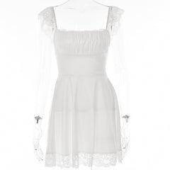 Lace hem solid cap sleeve zip-up ruched lace up mini dress