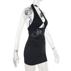 Halter self tie hollow out lace ruched cut out mini dress | Festival Outfits Women