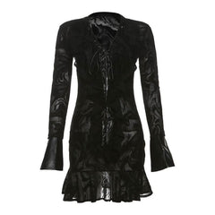 Long sleeve v neck self tie ripple button mini dress | Festival Outfits Women