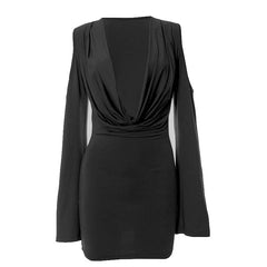 Long flared sleeve off shoulder cowl neck ruched solid mini dress | Festival Outfits Women