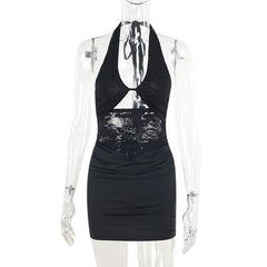 Halter self tie hollow out lace ruched cut out mini dress | Festival Outfits Women