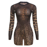 Crewneck long sleeve leopard print mesh mini dress | Festival Outfits Women | Leopard Print Mini Dress