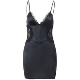 Lace patchwork corset solid v neck cami mini dress | Festival Outfits Women