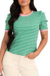 Daring Heart Striped Pleated Sleeve Top (Green/Pink)