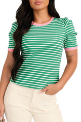 Daring Heart Striped Pleated Sleeve Top (Green/Pink)