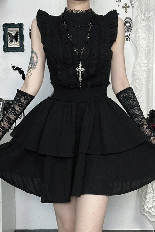 Dark Alt Gothic Sleeveless Lace Patchwork Slim Waisted Mini Dress