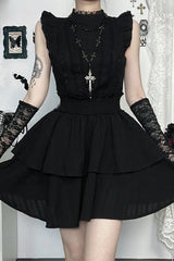 Dark Alt Gothic Sleeveless Lace Patchwork Slim Waisted Mini Dress