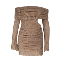 Textured long sleeve off shoulder hollow out cut out mini dress  | Festival Outfits Women