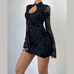 Long flared sleeve hollow out flower print cut out mini dress  | Festival Outfits Women
