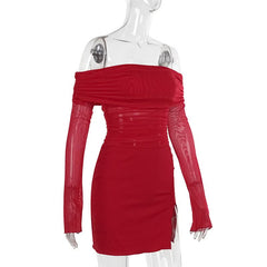 Off shoulder long sleeve slit mesh ruched mini dress  | Festival Outfits Women