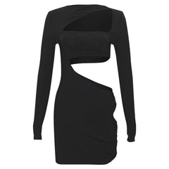 Long sleeve irregular hollow out ribbed cut out mini dress  | Festival Outfits Women