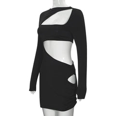 Long sleeve irregular hollow out ribbed cut out mini dress  | Festival Outfits Women