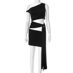 Hollow out irregular one shoulder solid cut out mini dress  | Festival Outfits Women