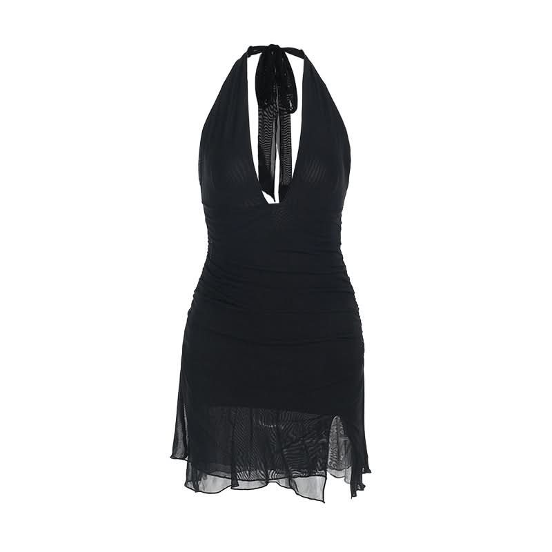 Halter self tie deep v neck slit ruched mini dress  | Festival Outfits Women
