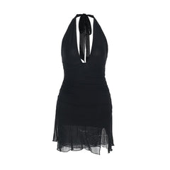 Halter self tie deep v neck slit ruched mini dress  | Festival Outfits Women
