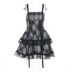 Plaid lace hem lace up cami mini dress  | Festival Outfits Women