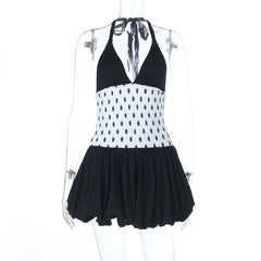 Halter polka dot v neck smocked mini dress  | Festival Outfits Women