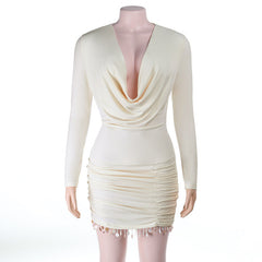 Cowl neck long sleeve ruched tassels mini dress  | Festival Outfits Women