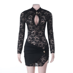 Long sleeve hollow out lace cut out mini dress  | Festival Outfits Women