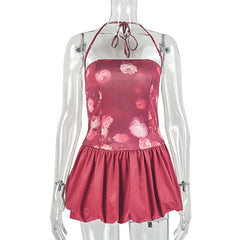 Halter flower print self tie ruched mini dress  | Festival Outfits Women