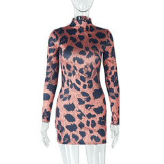 High neck leopard print long sleeve mini dress  | Festival Outfits Women  | Leopard Print Mini Dress