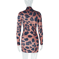 High neck leopard print long sleeve mini dress  | Festival Outfits Women  | Leopard Print Mini Dress