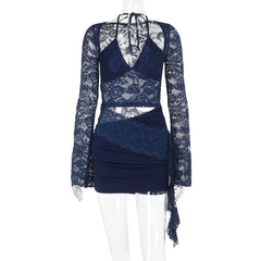 Long sleeve lace halter self tie ruched mini dress  | Festival Outfits Women