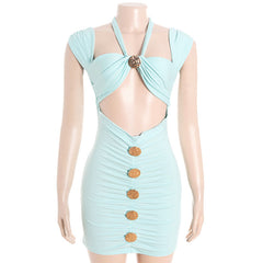 Hollow out halter self tie ruched cut out mini dress  | Festival Outfits Women