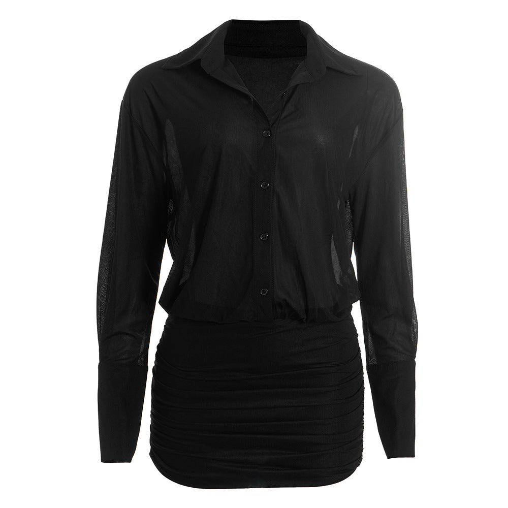 Long sleeve turnover collar button chiffon mini dress  | Festival Outfits Women
