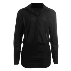 Long sleeve turnover collar button chiffon mini dress  | Festival Outfits Women