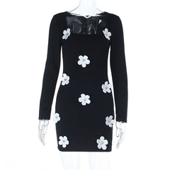 Long sleeve u neck flower applique mini dress  | Festival Outfits Women