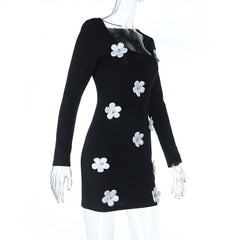 Long sleeve u neck flower applique mini dress  | Festival Outfits Women