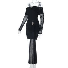 Off shoulder long sleeve mesh ruched mini dress  | Festival Outfits Women